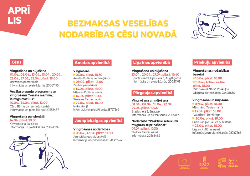 Veselību veicinoši bezmaksas pasākumi aprīlī